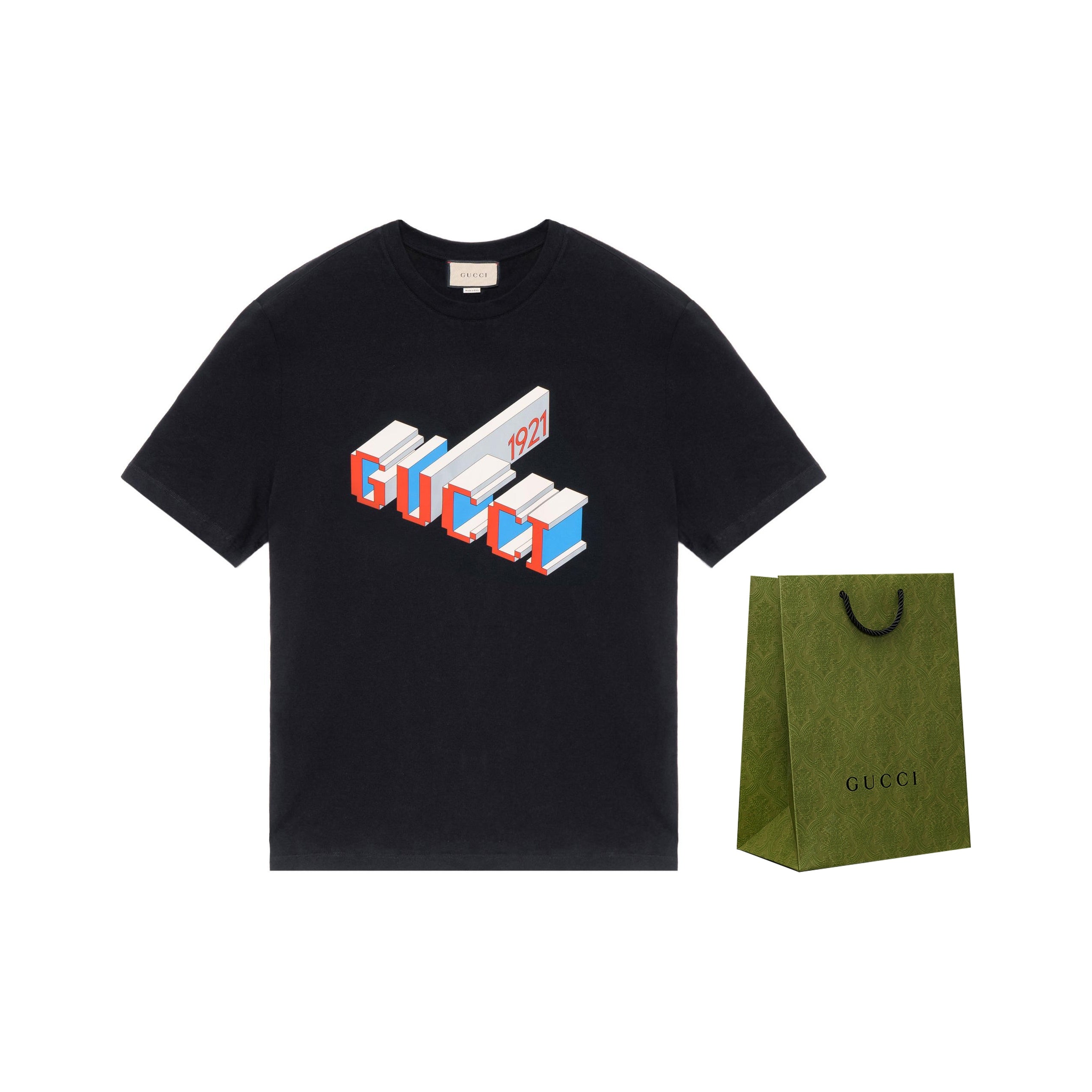 Kaos Lengan Pendek Kerah Bulat GUCCI dengan Huruf dan Angka, Unisex, Hitam