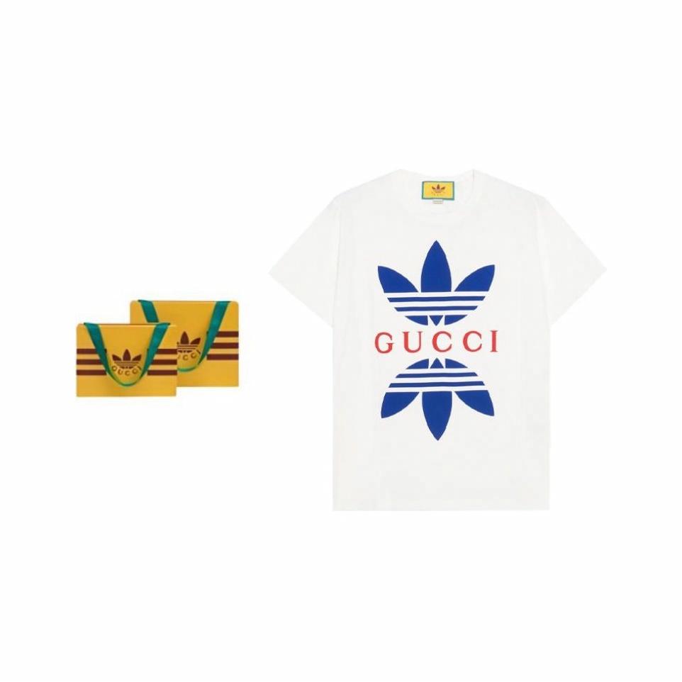 Kolaborasi GUCCI x adidas Originals SS22 Kaos Lengan Pendek Pria dengan Cetak Logo Blok Warna Geometris, Putih