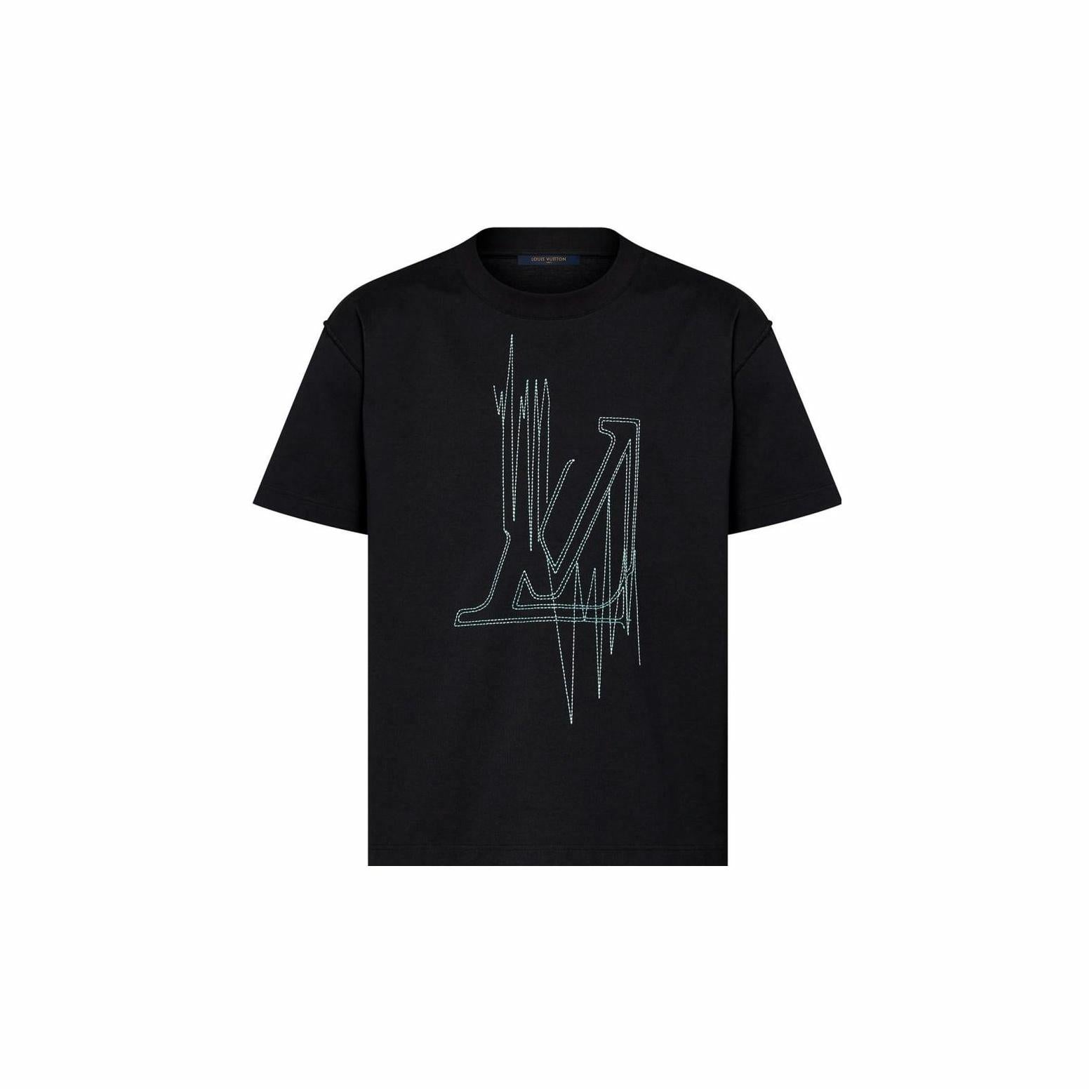 Kaos oblong lengan pendek berkerah bulat dengan motif grafis LOUIS VUITTON, unisex, warna hitam.