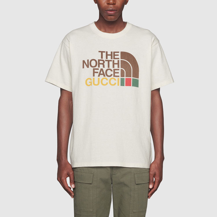 Kaos Lengan Pendek Leher Bulat Ukuran Besar dengan Cetakan Logo GUCCI x THE NORTH FACE, Unisex, Putih