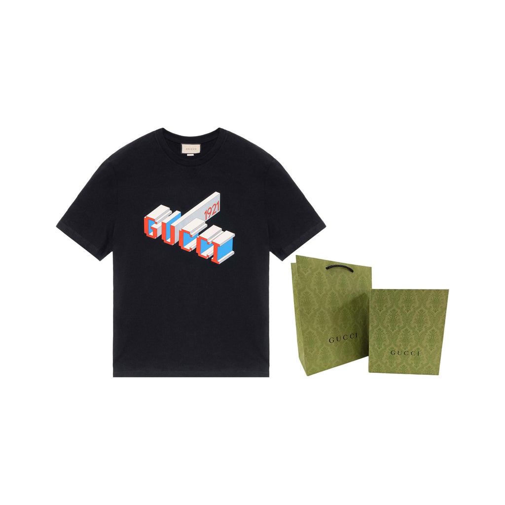 Kaos Lengan Pendek Kerah Bulat GUCCI dengan Huruf dan Angka, Unisex, Hitam