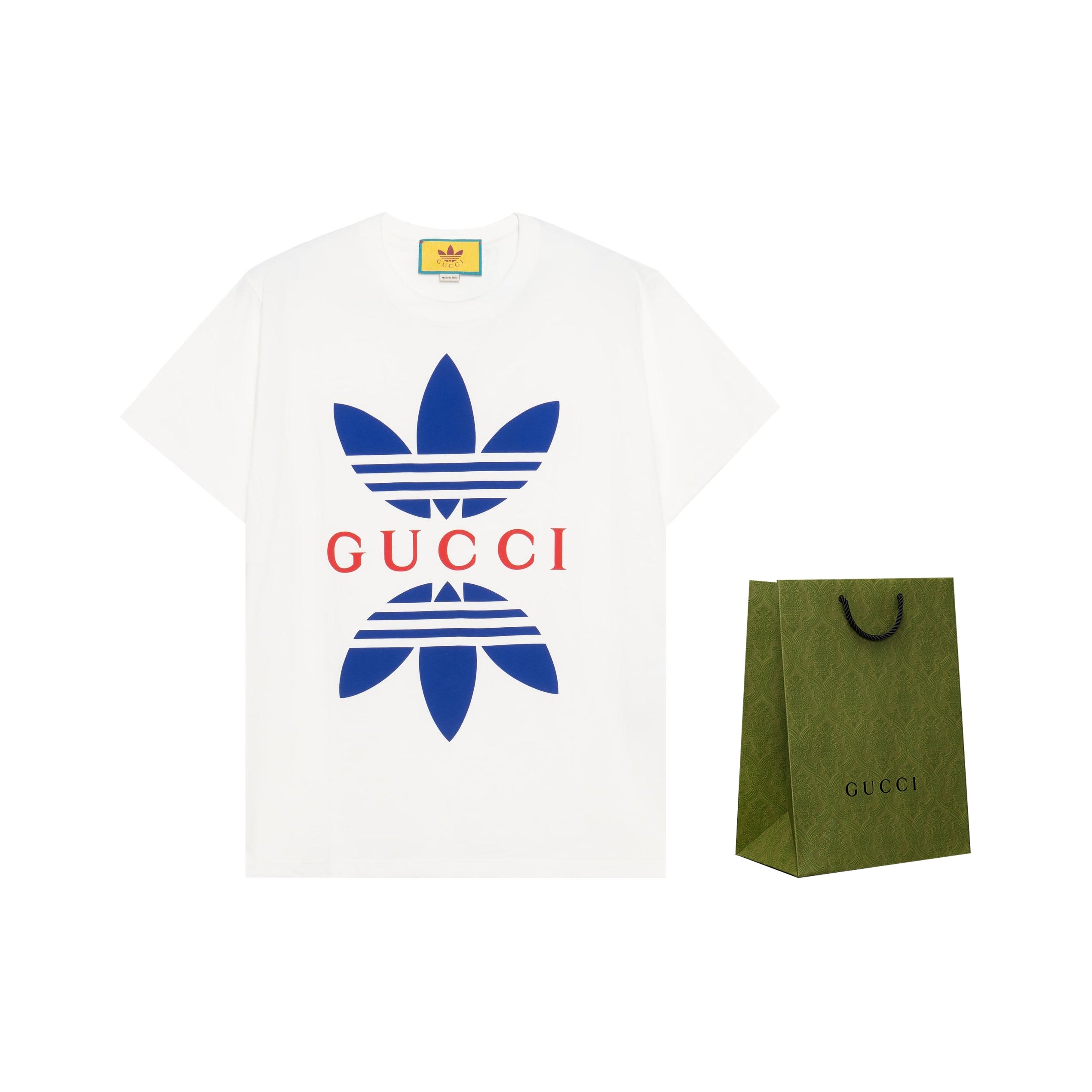 Kolaborasi GUCCI x adidas Originals SS22 Kaos Lengan Pendek Pria dengan Cetak Logo Blok Warna Geometris, Putih