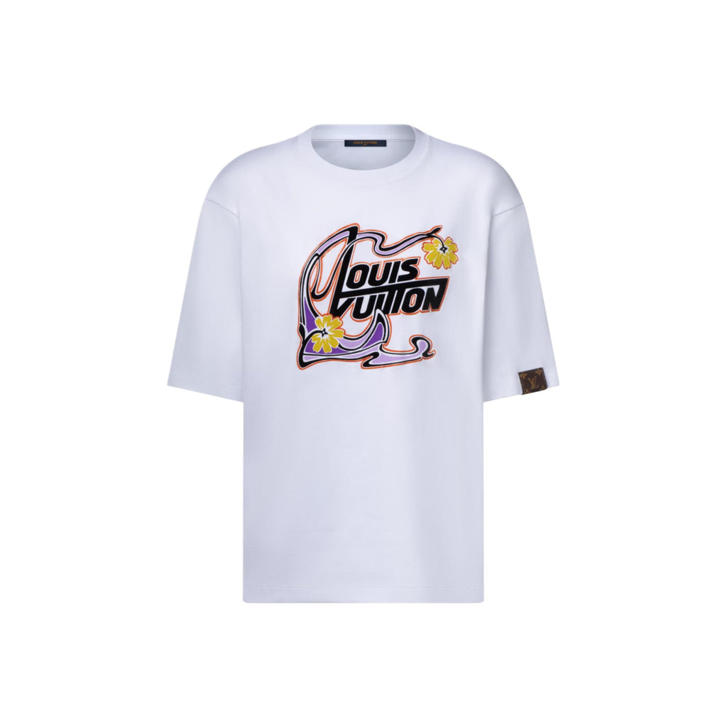 LOUIS VUITTON Pullover Leher Bulat Motif Bunga Lengan Pendek Gaya Art Nouveau dengan Logo FW25 Ukuran Reguler, Unisex