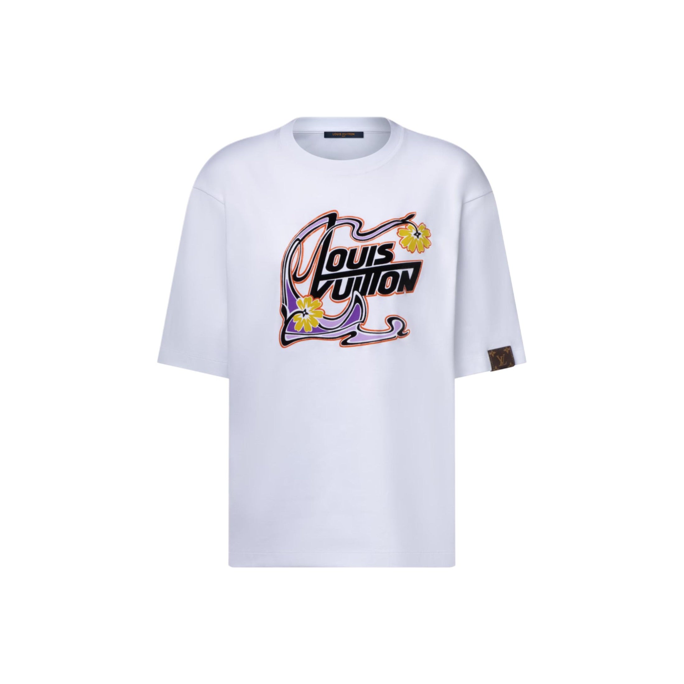 LOUIS VUITTON Pullover Leher Bulat Motif Bunga Lengan Pendek Gaya Art Nouveau dengan Logo FW25 Ukuran Reguler, Unisex