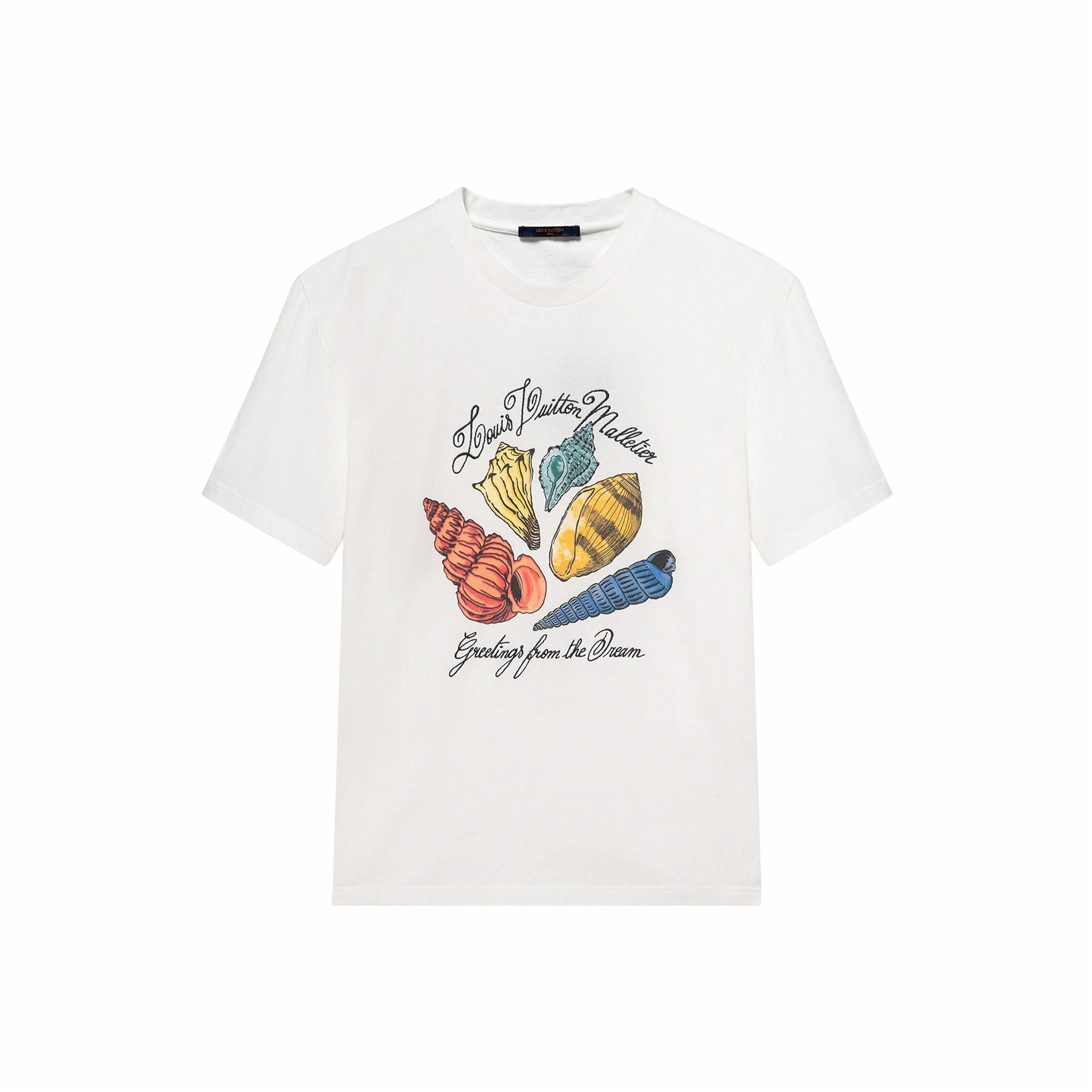 LOUIS VUITTON Kaos Lengan Pendek Kasual Kerah Bulat dengan Motif Kerang, SS24, Unisex, Putih