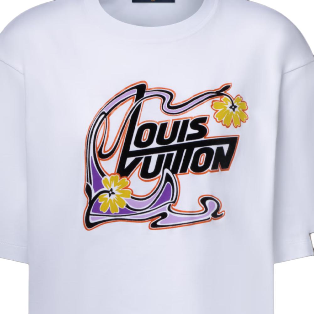 LOUIS VUITTON Pullover Leher Bulat Motif Bunga Lengan Pendek Gaya Art Nouveau dengan Logo FW25 Ukuran Reguler, Unisex